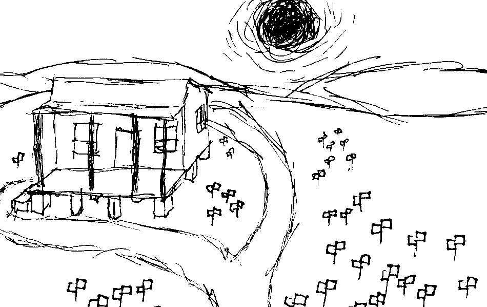 Scene of a field of strange mechanical flowers surrounding a small house. A path runs beside the house, and over the hills a dark sun is setting.